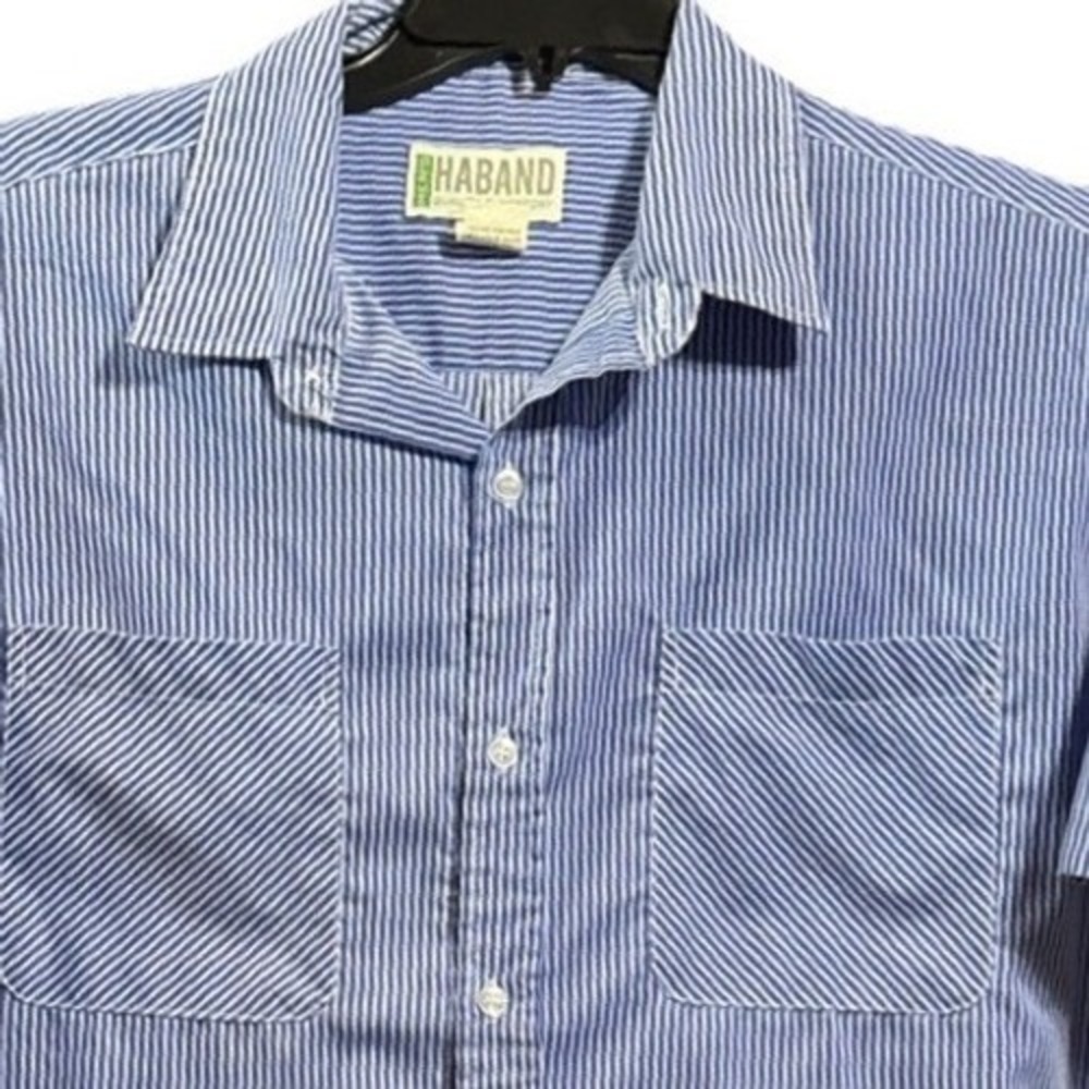 Haband‎ Polyester Cotton Pocket Shirt Size Large Striped Short Sleeves Button Up